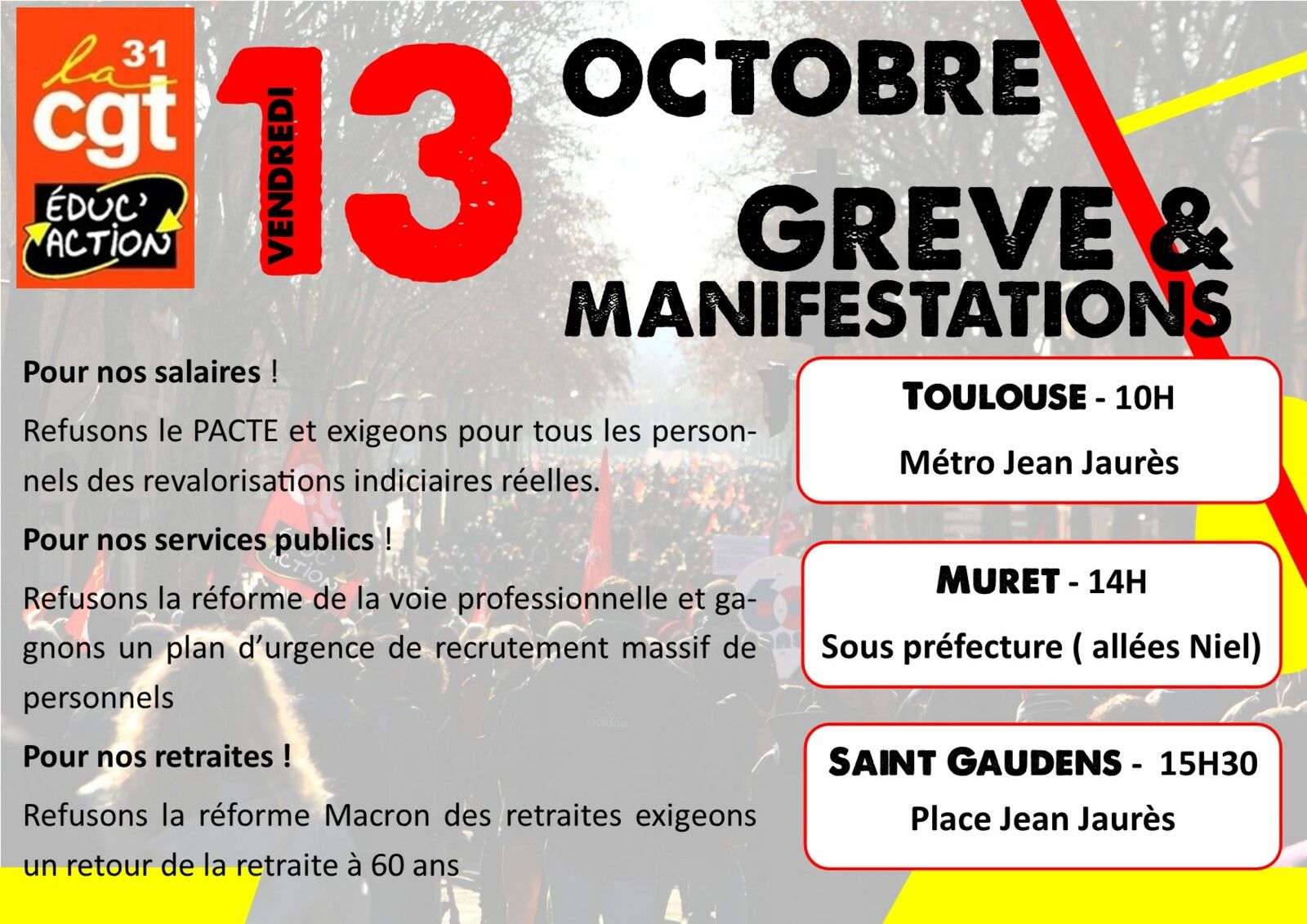 Greve Vendredi vendredi 13 octobre - Pour nos salaires et pour le service public, en grève  et en manifestations - La CGT Educ'action 31