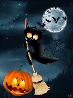 Chat - Balai - Citrouille - Lune - Halloween - Gif animé - Gratuit - Le  Monde des Gifs