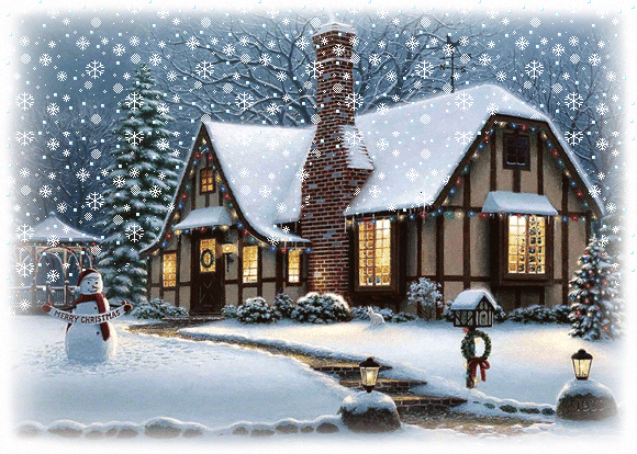 Merry Christmas - Bonhomme de neige - Maison - Neige - Hiver - Nuit -  Lumières - Gif animé - Gratuit - Le Monde des Gifs