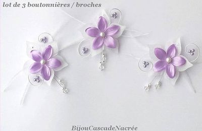 Lucie lot de 3 boutonnières broches mariage plume violet blanc fleur de soie blanc argenté perle mariée 42,90E