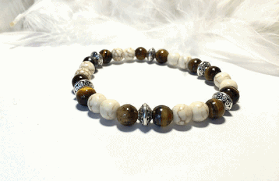 Bracelet perles œil de tigre ethnique,Perles d’œil de tigre, pierre de , perles en métal tibétain gris