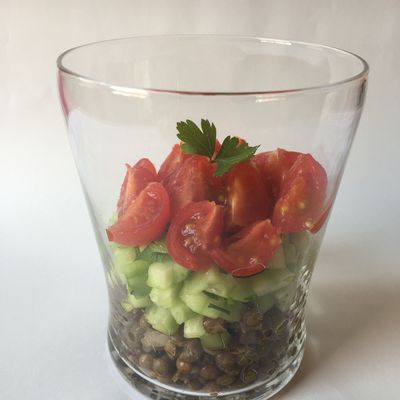 Lentils, cherry tomatoes, cucumber and chervil verrine - gluten free