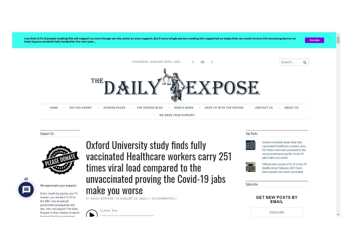 Source : https://dailyexpose.co.uk/2021/08/24/oxford-university-study-finds-fully-vaccinated-healthcare-workers-carry-251-times-viral-load-compared-to-the-unvaccinated/