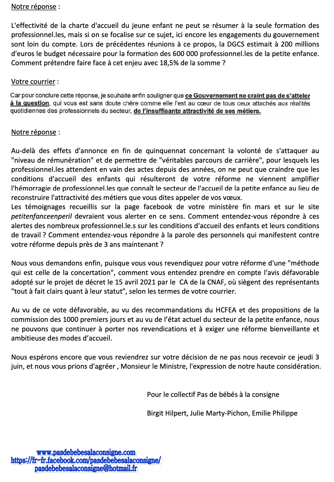 Courrier De Reponse Du Collectif Pas De Bebes A La Consigne Suite Au Refus D Audience Ce Jour D Adrien Taquet Supap Fsu