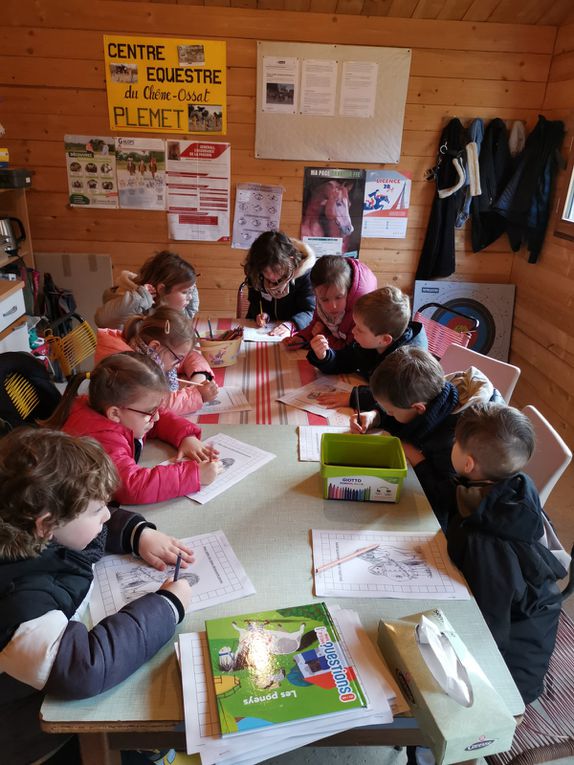 Séance 1 classe MS-GS. Jeudi 4 avril, au programme de la matinée : activités pédagogiques dans le chalet avec Marie, découverte du pansage, vocabulaire des parties du poney avec Yann, montage jeux sur le poney dans le manège avec Jeanne. À la fin de la matinée, visite des box, de la carrière et des prés du centre. . 