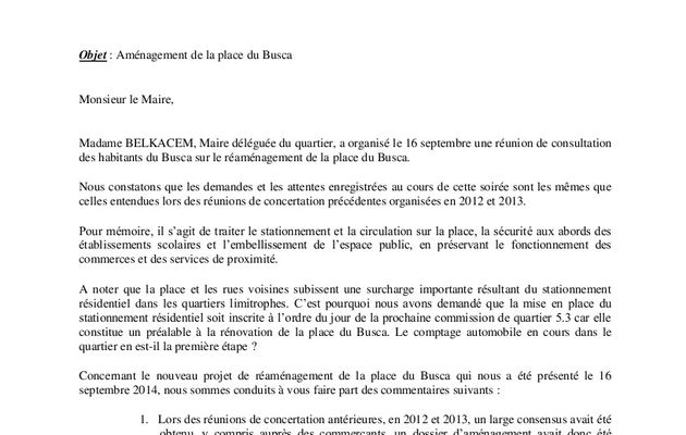 Lettre au Maire pour la place du Busca