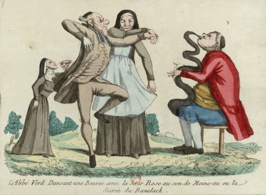 Des religieux dansent une bourrée au son d'une curieuse cabrette pour fêter l'abolition des vœux monastiques 