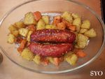 Saucisses fumées,  pommes de terre et patates douces parfumées à l'Actifry 2 en 1