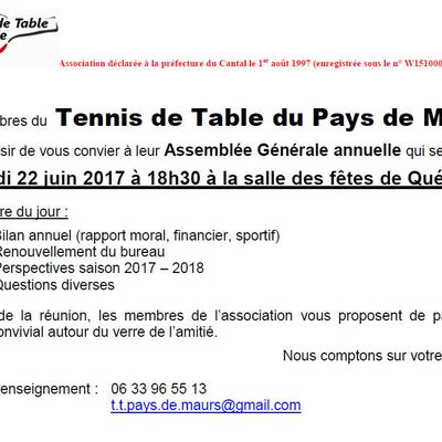 Assemblée Générale annuelle le jeudi 22 juin à Quézac