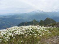 Le groupe pose au sommet. Dans la direction d'Ugine, on devine au fond le Parmelan. Vers le Mont Blanc.