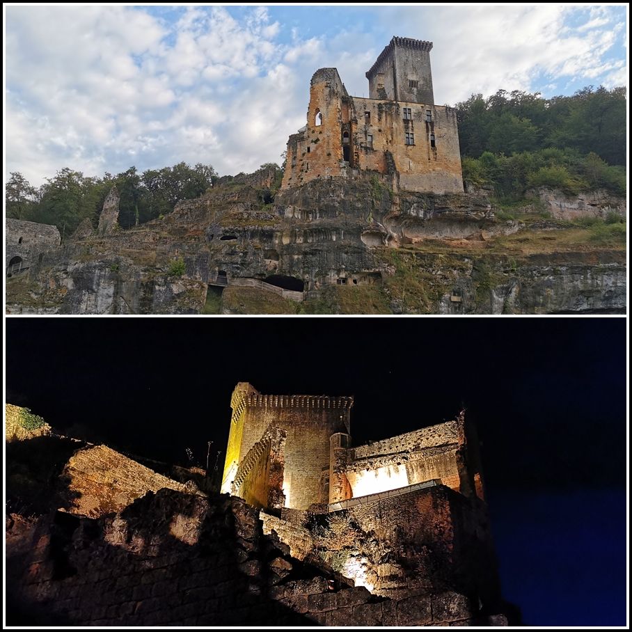 Le Château de Commarque de jour et de nuit. C'est celui dans lequel je suis restée le plus longtemps... Puisque c'est là que se déroulait le cocktail, le repas et la soirée du mariage d'un couple d'amis ornitho, mariage qui a motivé mon voyage et mes vacances dans ce coin de France. Donc Château de Commarque privatisé !!! Exceptionnel, innoubliable :)