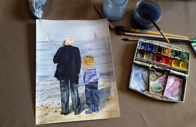 Grand pere et son petit fils à la mer