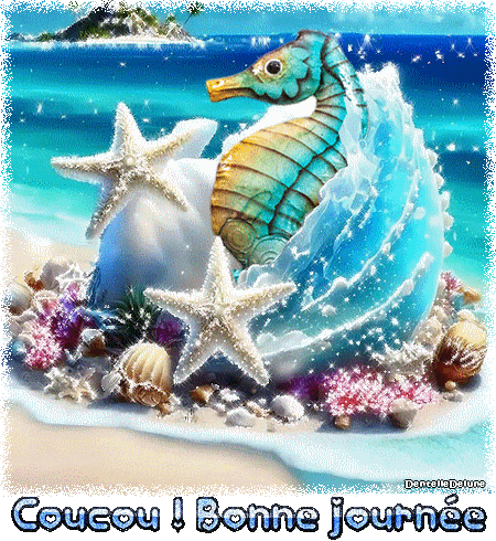 Bord de mer - coquillages - hippocampe - étoiles de mer - gif bonne journée
