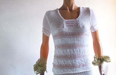 Ensemble tricot fait main mode femme ruban blanc et tulle