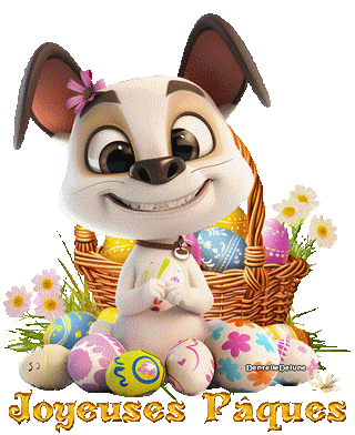 Joyeuses Pâques avec joyeux petit chien - panier d'oeufs - gif animé-a