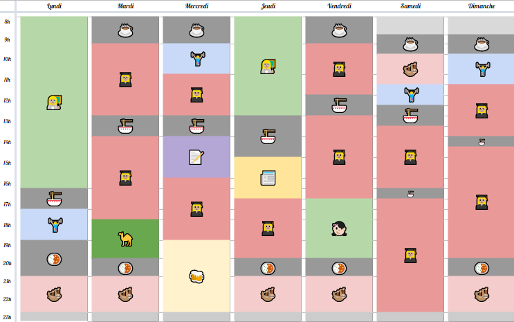 Bon, ces emplois du temps c'est ce que je suis censée faire, après ce que je fais vraiment hein...