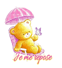 Je me repose - Ourson - Chaise longue - Parasol - Oiseau - Gif animé - Scintillant - Gratuit