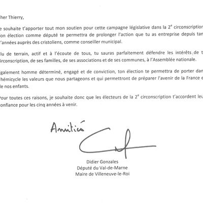 Lettre de soutien de Didier Gonzales - Député Maire de Villeneuve le Roi