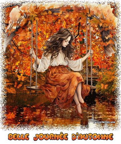 Belle journée d'automne et jeune femme sur balançoire - gif animé
