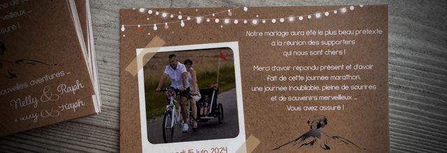 La carte de remerciements assortie au faire part de mariage de Nelly et Raph ... tandem et montagne (volcan)