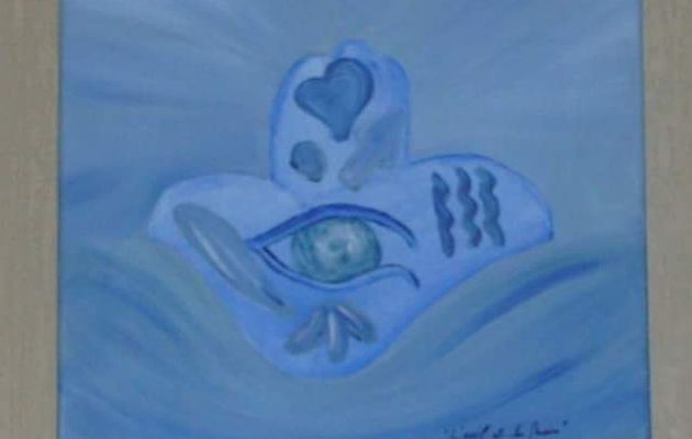 Amour et paix, pour un monde où on arrête de se taper dessus, Main de Fatima, toile tons bleu que j'ai peinte à Narbonne en 2015, si j'ai bonne mémoire, c'est marqué dessus, dimensions de la toile c'est une 30x30 cm