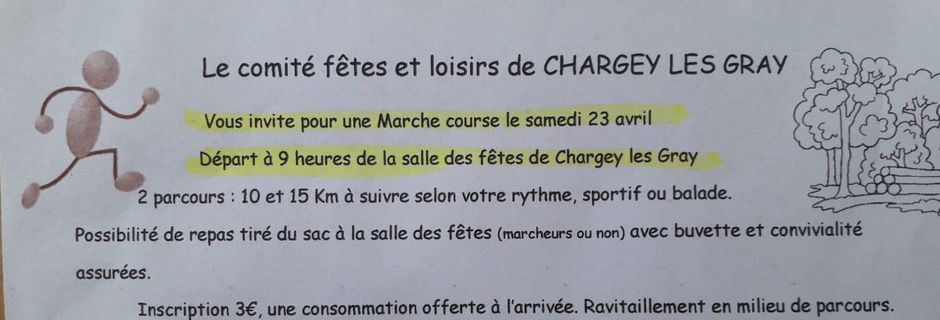 Course marche : samedi 23 avril à 9h à Chargey !