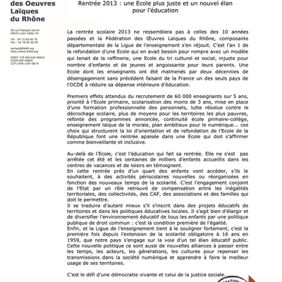 Communiqué de presse de la ligue de l'enseignement sur la refondation de