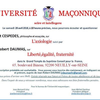 UM : Axiologie et Liberté Egalité Fraternité avec Vincent CESPEDES et Jean-Robert DAUMAS le 28 avril 2018 à Paris