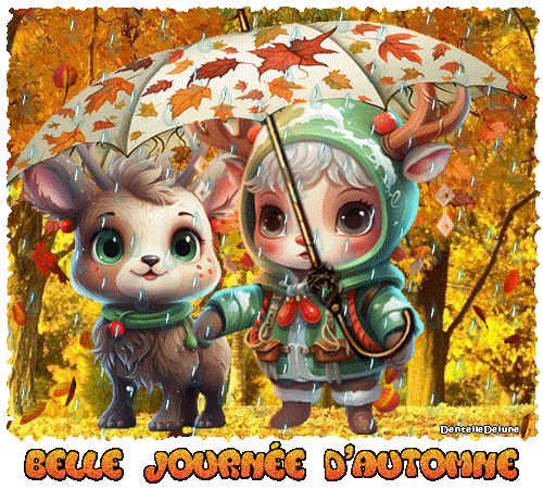 Bonne journée d'automne et petits chevreuils dans leur forêt - gif animé