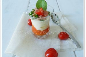 Compotée de tomates, fromage frais, basilic et jambon cru