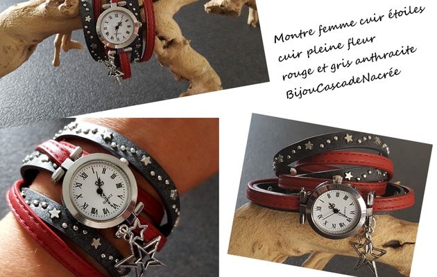 montre manchette cuir femme etoiles 3 tours rouge gris anthracite cadeau femme noel anniversaire sur mesure personnalisable 32,90E