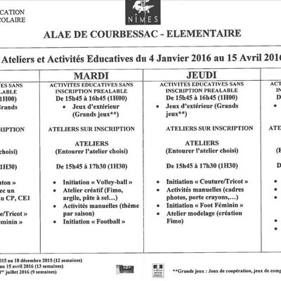 Programme des ALAE JANVIER 2016 -> AVRIL 2016