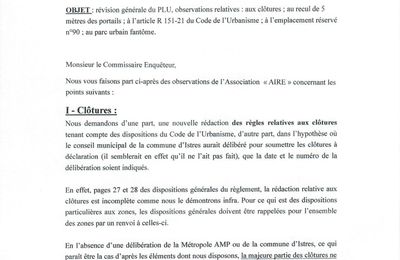 Révision Générale du PLU - Lettre d'observations relatives : aux clôtures ; au recul de 5 mètres des portails ; à l’article R 151-21 du Code de l’Urbanisme ; à l’emplacement réservé n°90 ; au parc urbain fantôme