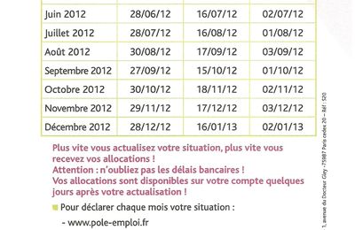 CALENDRIERS DES PAIEMENTS 2012 POLE EMPLOI