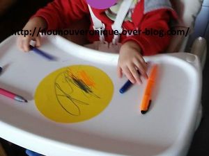 Découper des cercles dans des feuilles colorées jaunes. Laisser l'enfant colorier en feutre sur un des cercle. Faire coller une gomette sur l'autre cercle. Supersoser les 2 cercles en mettant celui avec la gomette en dessous puis les assembler avec une attache parisenne. Enfin découper des part sur le cercle du dessus. Y'a plus qu'a chercher la fêve!!!!!