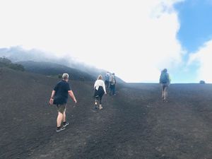 Peu aprés  cet arrêt  nous entrons dans la zone des coulées de laves - le cône quant à lui est dans la brume - Ici , en compagnie de notre accompagnateur  local notre charmante guide Laure qui nous accompagnera sur tout le voyage