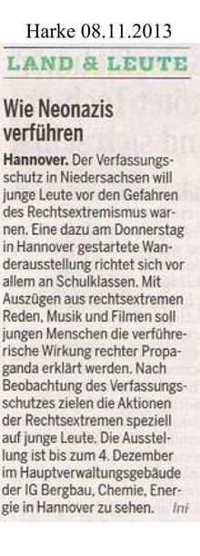 Harke 8.11.13 -- VS zeigt in Hannover Wanderausstellung zu Rechts"extremismus" - Inlandsgeheimdienst immer noch in Sachen Bildung unterwegs