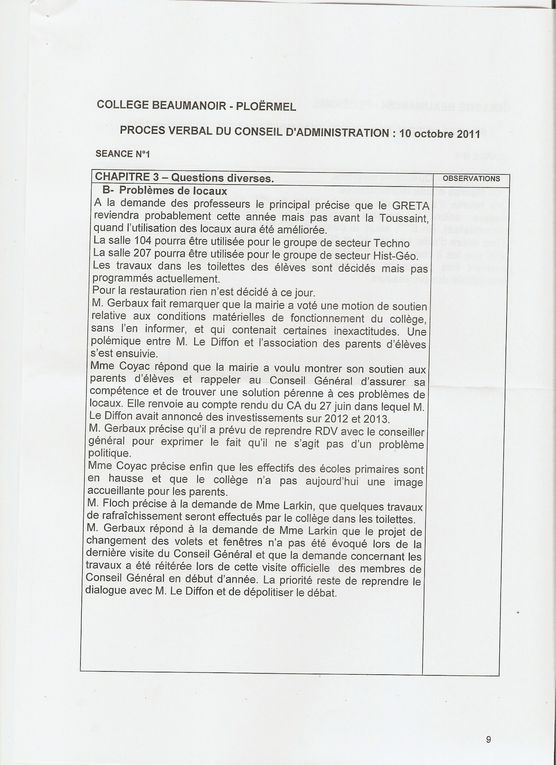 Conseil d'administration Collège Beaumanoir 10 octobre 2011