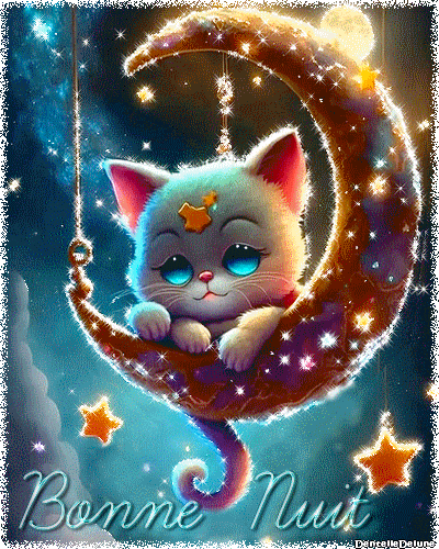 Bonne nuit - chat - lune - gif animé scintillant
