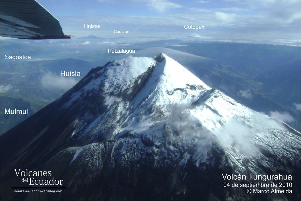 Figura 5. Unidades principales del edificio del volcán Tungurahua vistas desde el sur (foto: Marco Almeida; interpretación: Santiago Santamaría, IG-EPN).