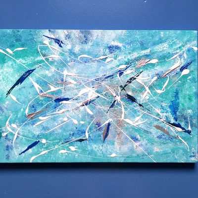 Peinture abstraite horizontale ou verticale bleu turquoise et blanc