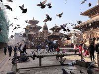 Le quartier de Durbar Square, le soir ou la journée, véhicule toujours cette douceur et le rythme suave des flâneurs qui profitent du temps présent; pas d'emphase ni de show, juste la simplicité avec cette cuisinière du soir, puis la place de Durbar Square, d'une beauté inoubliable avec ses ballets de pigeons, parfaits figurants dans ce décor somptueux !!!