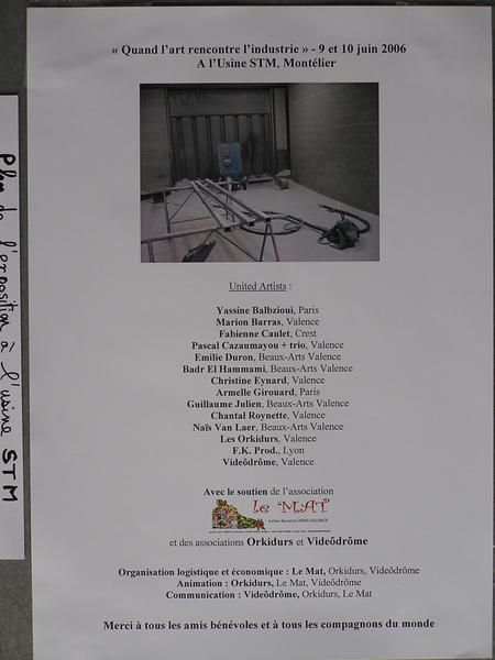 Portraits ou images des artistes et associations ayant particip&eacute; aux expositions &agrave; l'usine Arrobat de Valence les 14 et 15 janvier 2006 et&nbsp;&agrave; l'usine STM &agrave; Mont&eacute;lier (Dr&ocirc;me) les 9 et 10 juin 2006.