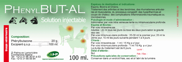 Conception de la charte graphique et réalisation de l'étiquette et de l'emballage du produit pharmaceutique Phénylbut-Al.
Médicament analgésique à usage vétérinaire.