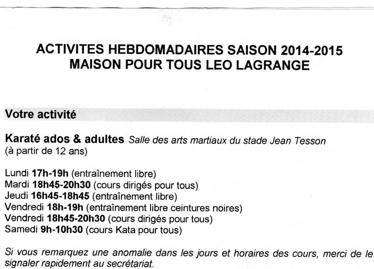 Horaires des cours hebdomadaires