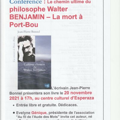 L'écrivain catalan J.P.Bonnel présentera son livre : Le chemin ultime de Walter BENJAMIN - La mort à Port-Bou -