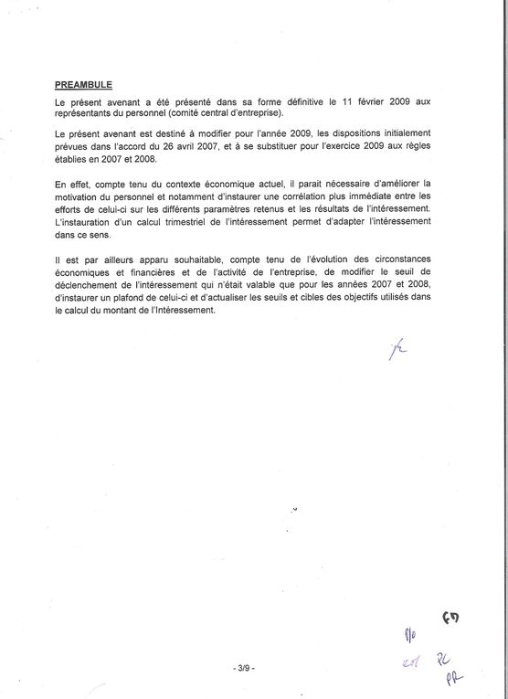 Accors ur l'intéressement signé par le syndicat CAT-SOD 2009.