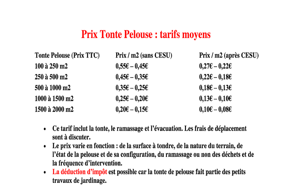 TARIFS JARDINS / ESPACES VERTS