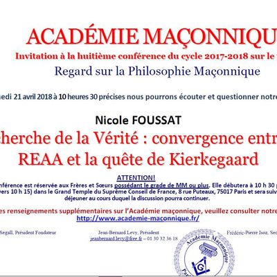 Académie Maçonnique : Convergence entre le REAA et Kierkegaard le 21 avril 2018 à Paris.