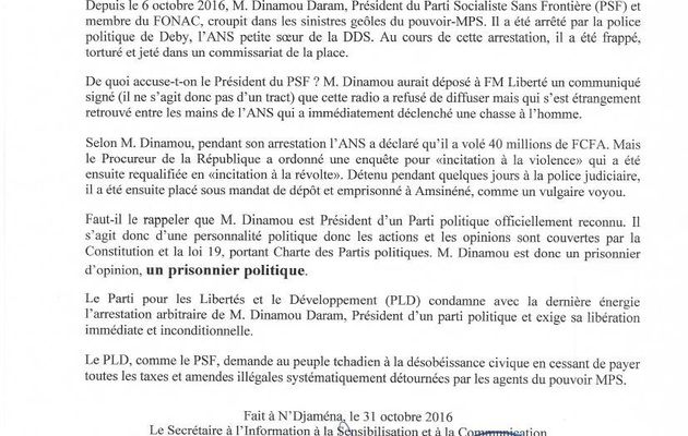 Tchad: le PLD comme le PSF demandent au peuple tchadien à la désobéissance civique 